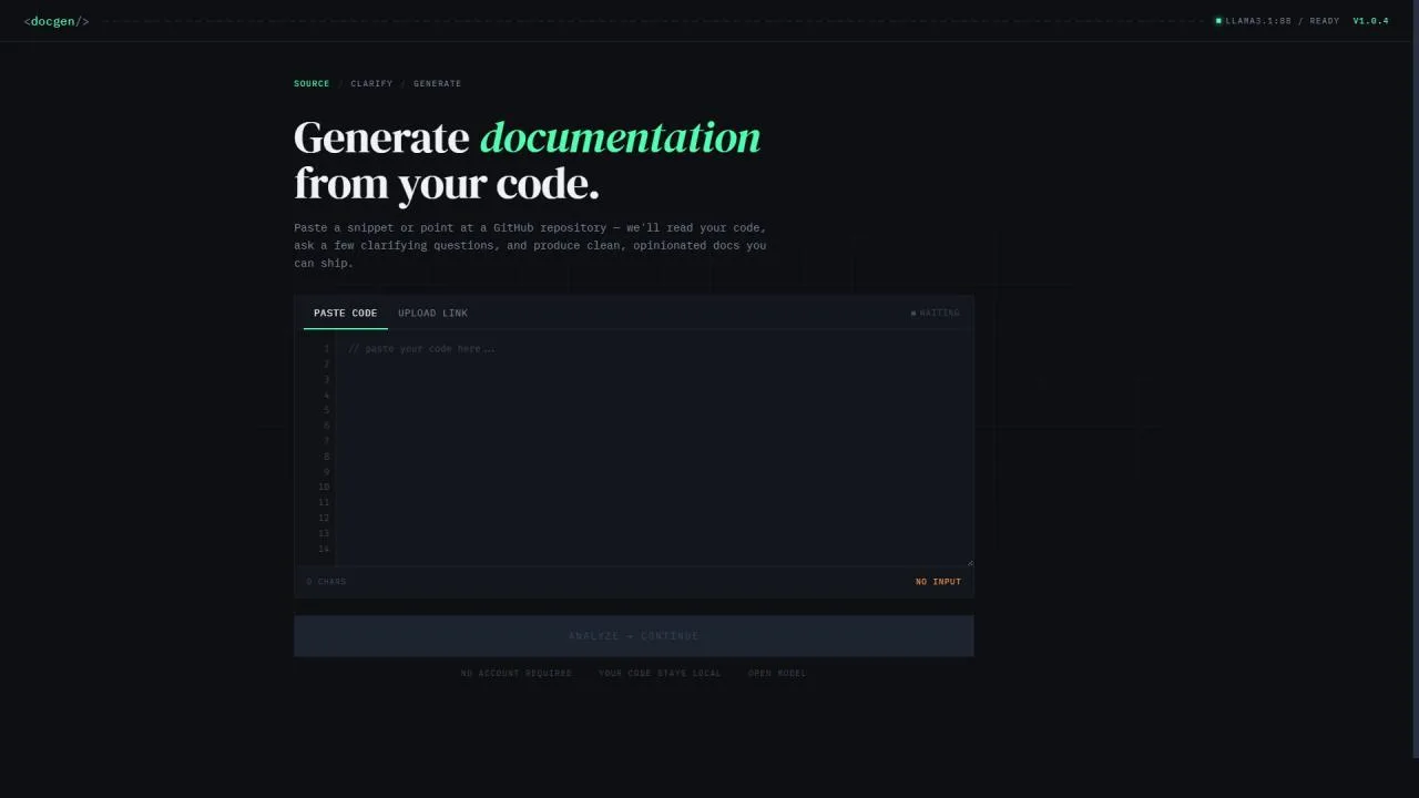 Screenshot do Docgen — gerador de documentação técnica